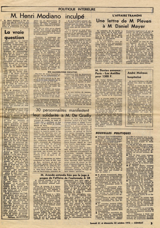 Image of «Combat», 21-22 octobre 1972, n° 8789, p. 3.  «André Malraux hospitalisé».