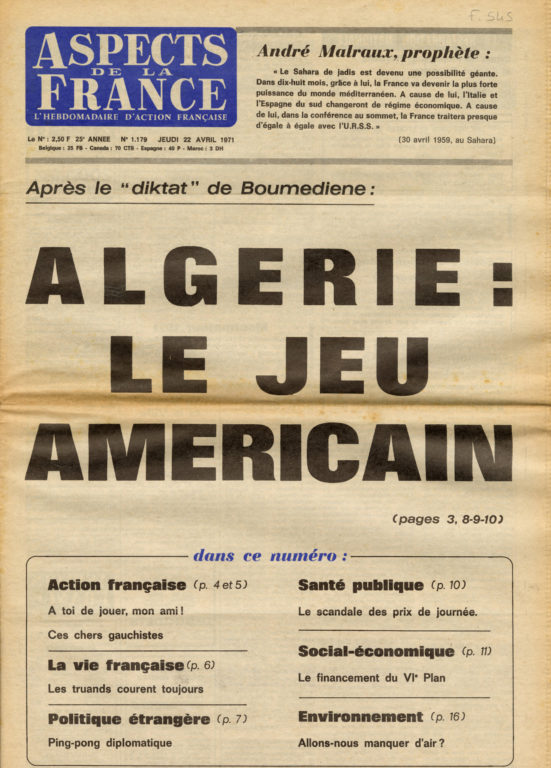 Image of Sur le putsch manqué d'Alger, 22-25 avril 1962. 	 «Aspect de la France», 22 avril 1971, n° 1179, p. 8.  A.N. Potier : «22 avril 1961 – Les généraux d'Alger pour sauver l'honneur».