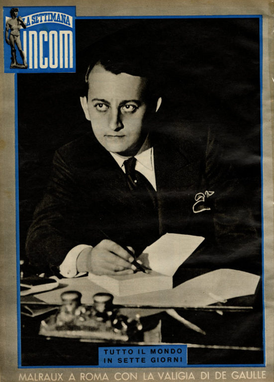 Image of «André Malraux a Roma con la valigio di De Gaulle», par Ilario Fiore. «La Settimana Incom», 9 avril 1949, p. 13 et 32.