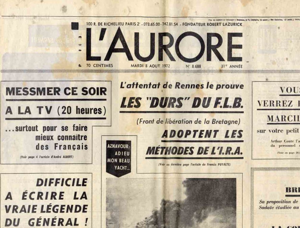 Image of André Guérin : «Difficile à écrire la vraie légende du Général ! Aux prises déjà : Malraux et Jeanneney, sur le fatal référendum du 27 avril 1969», «L'Aurore», 8 août 1972, n° 8688, p. 1.