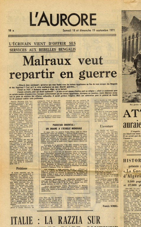 Image of Malraux et le Bangladesh — «L'Aurore», 19 septembre 1971, n° 8.413, p. 18.  Francis Schull : «L'écrivain vient d'offrir ses services aux rebelles bengalis – Malraux veut repartir en guerre».