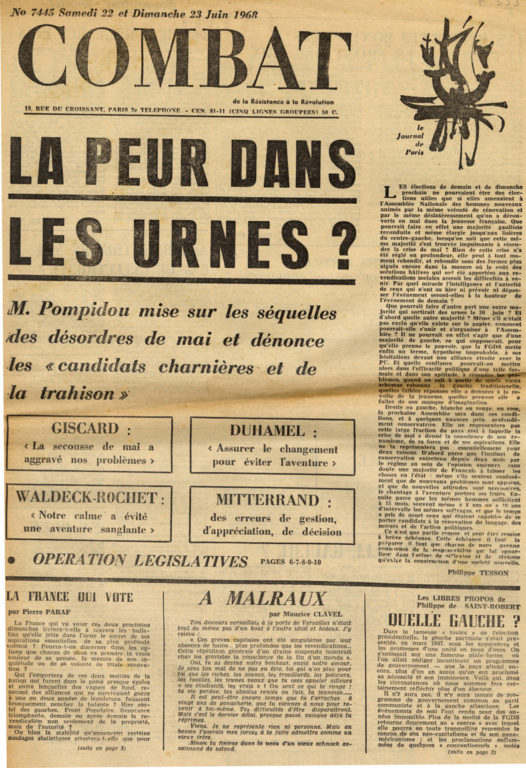Image of «Combat», 23 juin 1968, n° 7445, p. 1.  Maurice Clavel : «A Malraux».