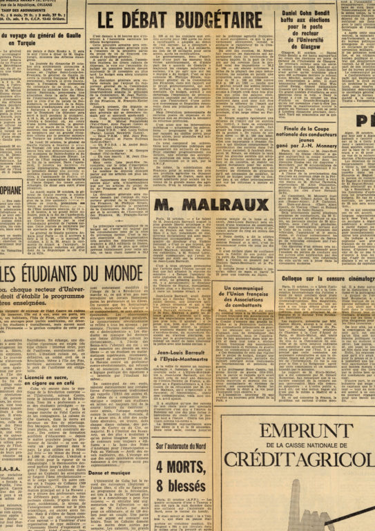 Image of L'affaire Barrault. — «La République du Centre», 22 octobre 1968, n° 7020, p. G.  «M. Malraux reproche à J.-L. Barrault d'avoir joué le mort en mai».