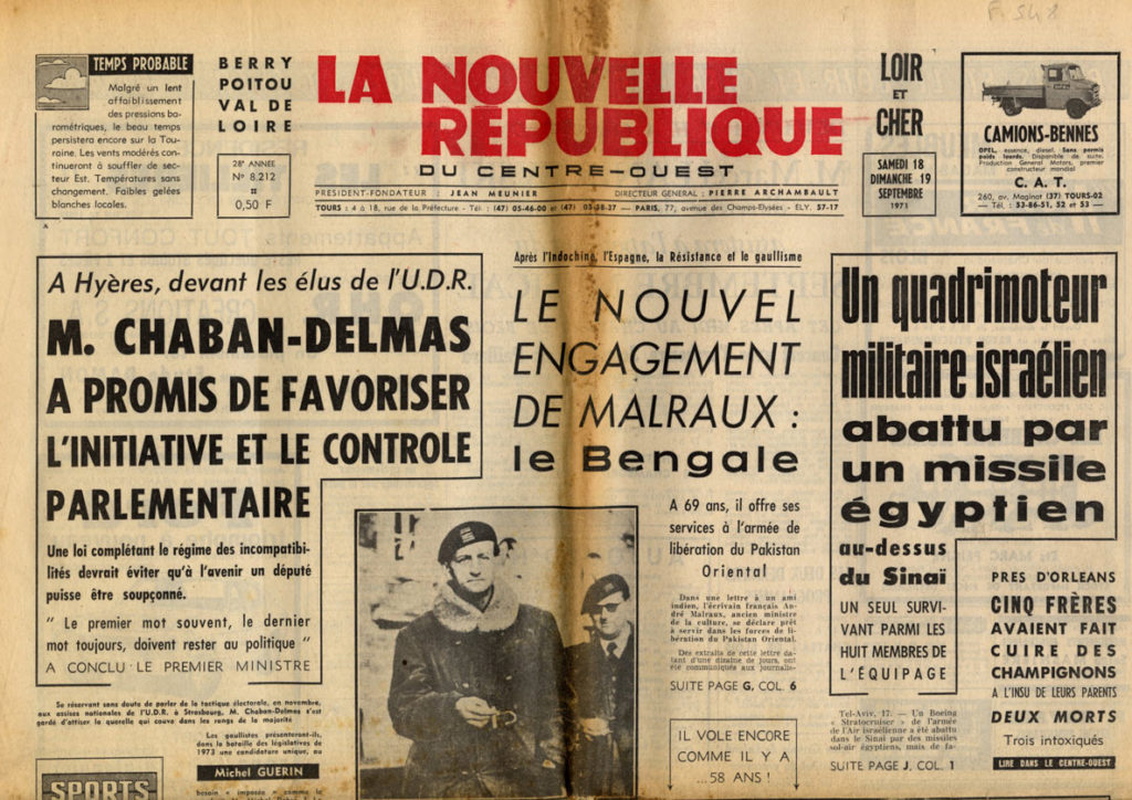 Image of Malraux et le Bangladesh. –   «La Nouvelle République», 18-19 septembre 1971, n° 8.212, p. 1 et G.