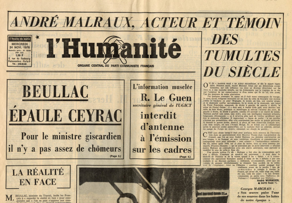 Image of «L'Humanité», 24 novembre 1976, n° 10034, p. 1, 11, 12.  André Wurmser : «André Malraux, acteur et témoin des tumultes du siècle». Claude Prévost : «Malraux romancier ou le romantisme révolutionnaire». Jean Mauriac : «Malraux et de Gaule».