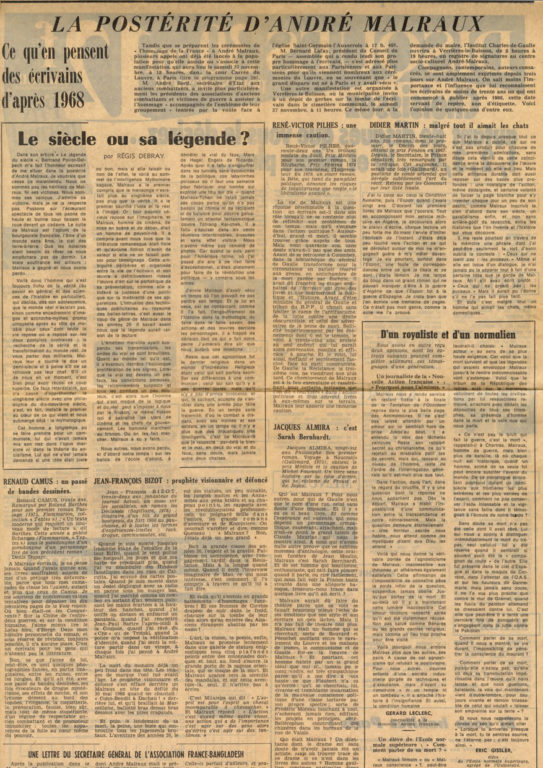 Image of «Le Monde», 27 novembre 1976, p. 28.  Régis Debray : «Le siècle ou sa légende ?».