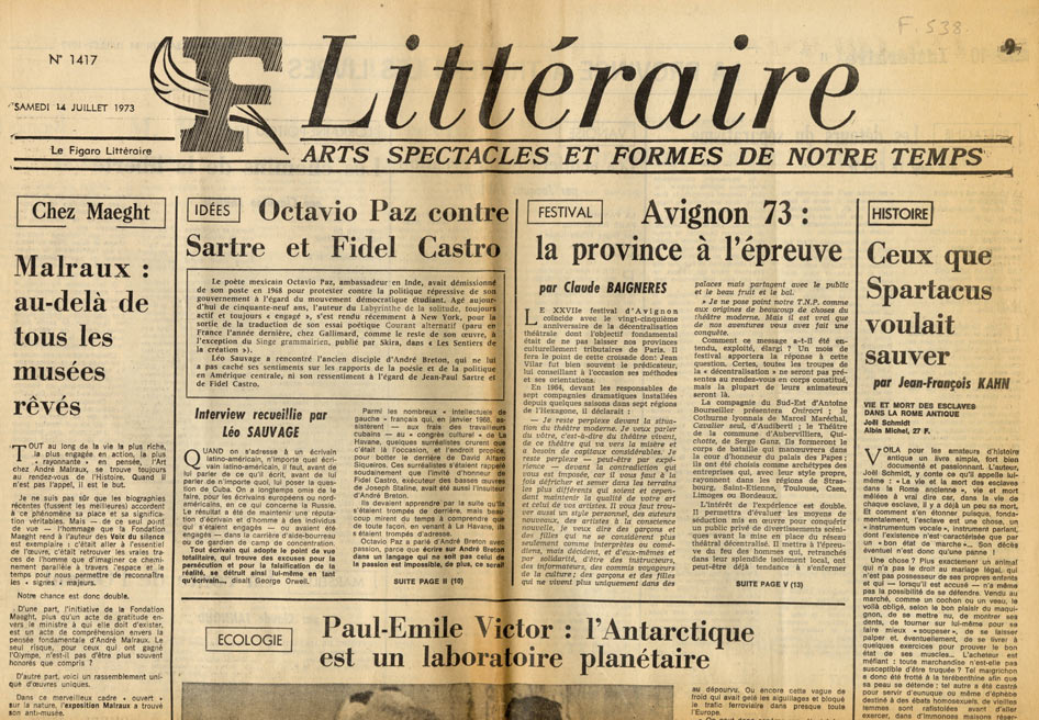 Image of «Le Figaro Littéraire», 14 juillet 1973, n° 1417, p. 1. André Brincourt : «Chez Maeght – Malraux : au-delà de tous les musées rêvés».