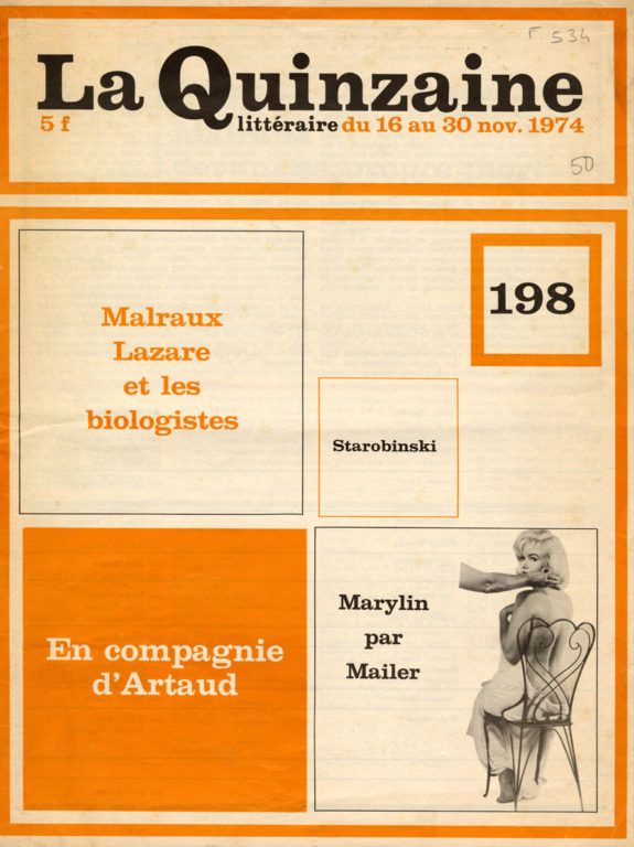 Image of «La Quinzaine littéraire», 16 – 30 novembre 1974, n° 198, p. 3 et 5. Maurice Nadeau : «Malraux devant sa propre mort».