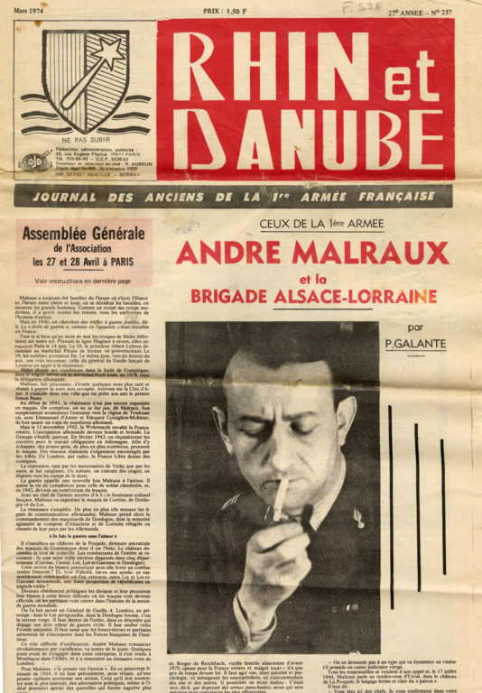 Image of «Rhin et Danube, journal des Anciens de la 1re Armée française», mars 1974, n° 257, p. 1. Pierre Galante : «Ceux de la 1ère armée – André Malraux et la Brigade Alsace-Lorraine» .