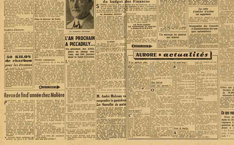 Image of «M. André Malraux va suspendre le quotidien “Les Nouvelles du matin”», «L'Aurore», 1er janvier 1946, p. 1.