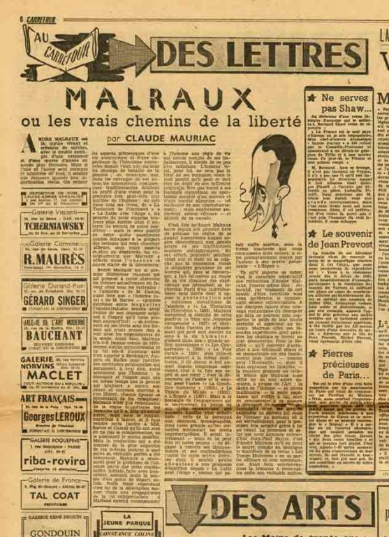 Image of Claude Mauriac, «Malraux ou les vrais chemins de la liberté», «Carrefour», 29 novembre 1945, p. 6.