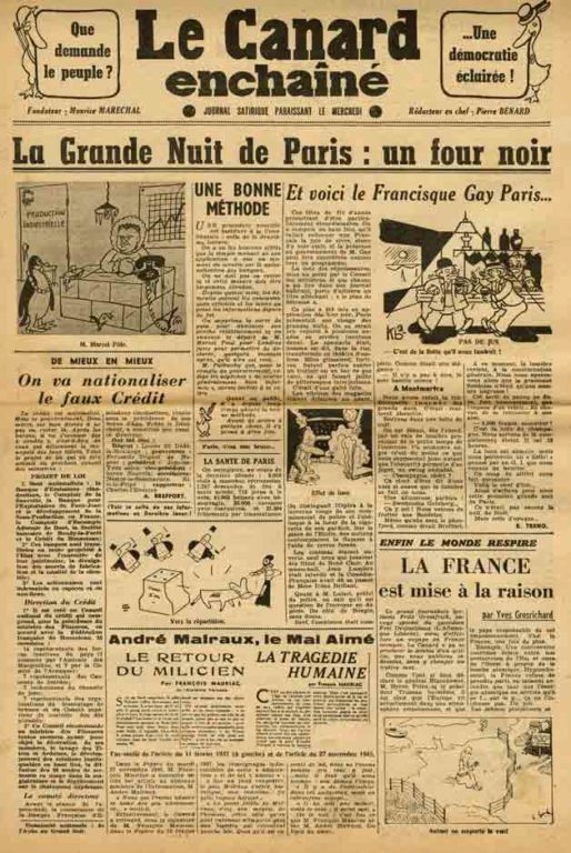 Image of «André Malraux, le Mal Aimé», «Le Canard enchaîné», 5 décembre 1945, p. 1.