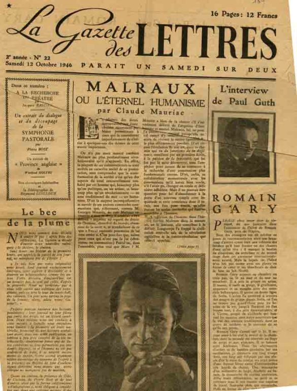 Image of Claude Mauriac, «Malraux ou l'éternel humanisme», «La Gazette des Lettres», 12 octobre 1946, p. 1 et 7.