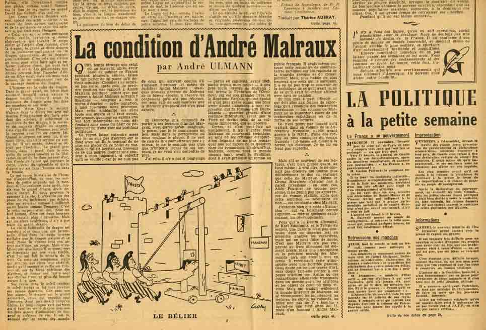 Image of André Ulmann, «La condition d'André Malraux», «Gavroche», 29 novembre 1945, p. 1 et 4.