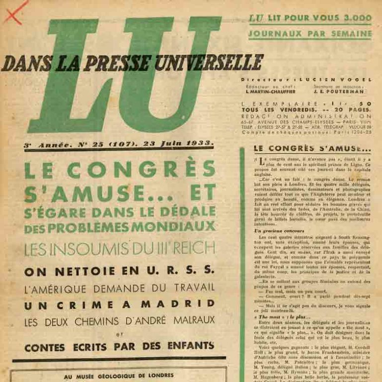 Image of Ilya Ehrenbourg, «Les Deux Chemins d'André Malraux», «Lu», 23 juin 1933. Texte traduit du russe et repris de «Literaturnaia Gazeta», Moscou. [Sur «La Condition humaine».]
