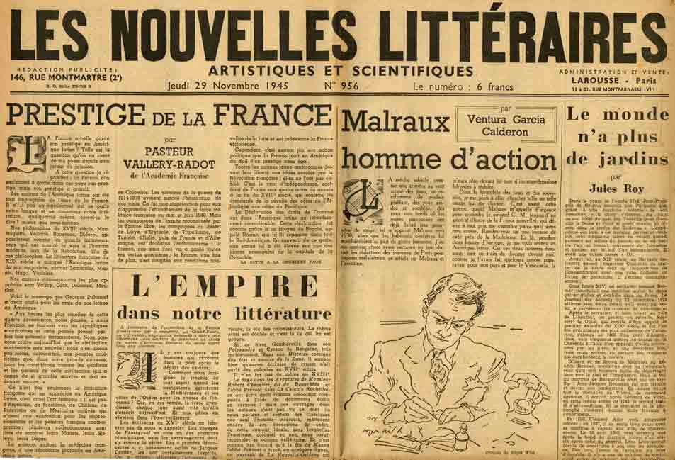 Image of Ventura Garcia Calderon, «Malraux homme d'action», «Les Nouvelles littéraires»,  29 novembre 1945, p. 1.