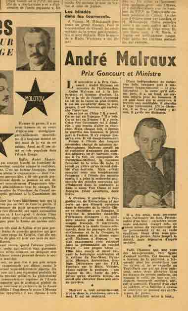 Image of «André Malraux. Prix Goncourt et Ministre», «La Presse», 27 novembre 1945, p. 1.